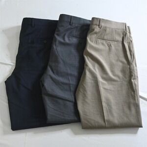 Lot 3 Mens 100% Wool 36x34 Navy Blue Gray Brown Flat‎ Front Mens Dress Pants